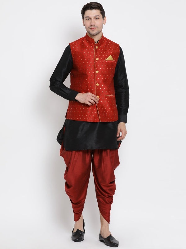 Men's Black Cotton Silk Blend Ethnic Jacket, Kurta and Dhoti Pant Set - Vastramay