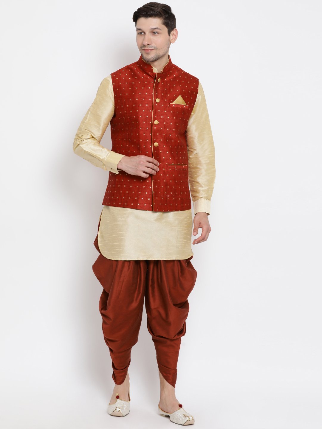 Men's Gold Cotton Silk Blend Ethnic Jacket, Kurta and Dhoti Pant Set