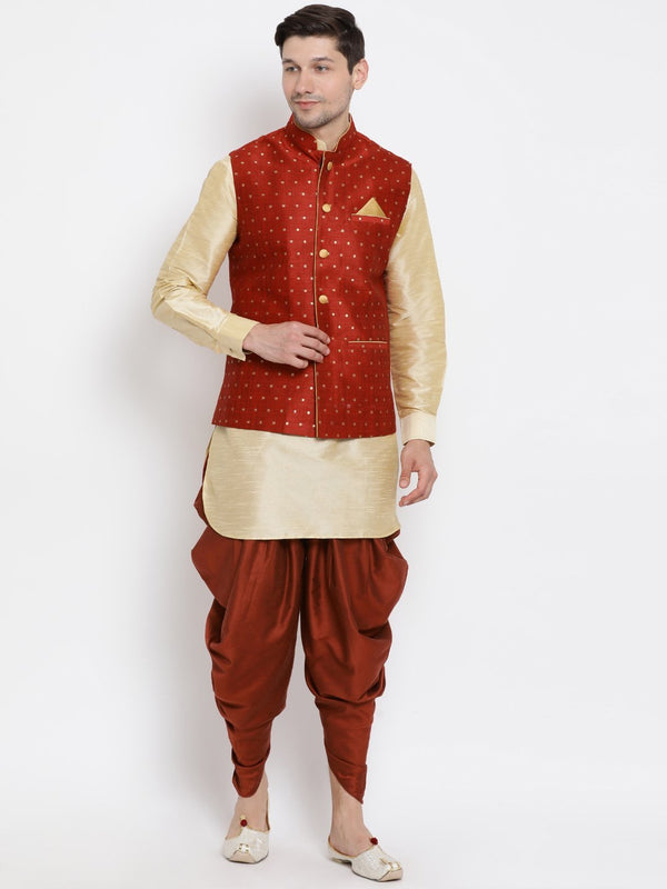 Men's Gold Cotton Silk Blend Ethnic Jacket, Kurta and Dhoti Pant Set