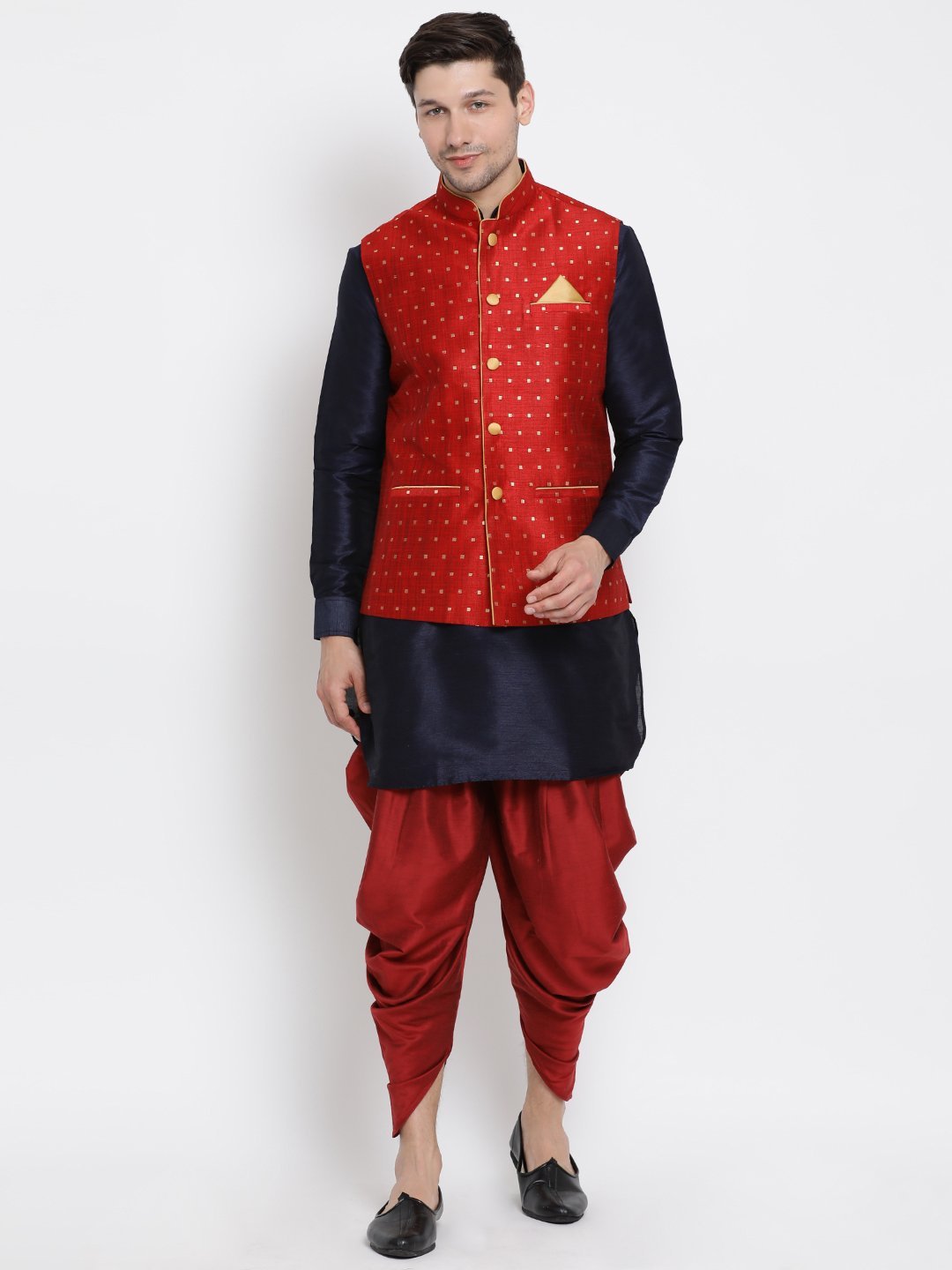 Men's Dark Blue Cotton Silk Blend Ethnic Jacket, Kurta and Dhoti Pant Set