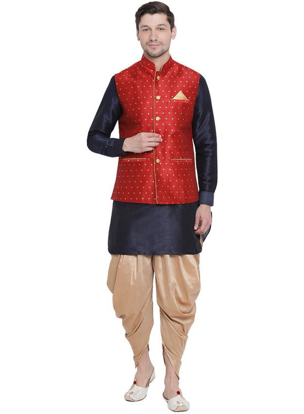 Men's Dark Blue Cotton Silk Blend Ethnic Jacket, Kurta and Dhoti Pant Set - Vastramay