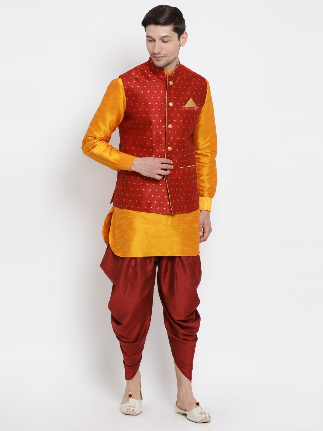 Men's Orange Cotton Silk Blend Ethnic Jacket, Kurta and Dhoti Pant Set