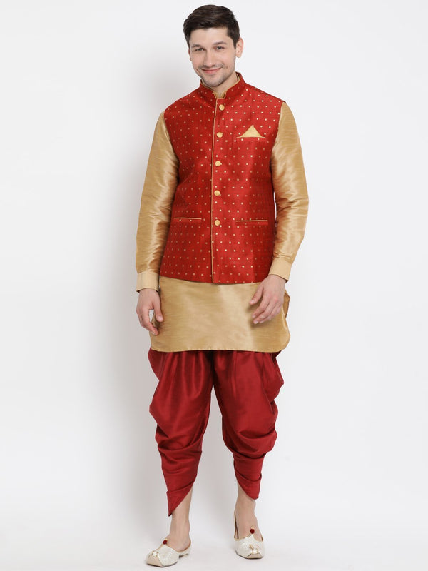 Men's Gold Cotton Silk Blend Ethnic Jacket, Kurta and Dhoti Pant Set - Vastramay