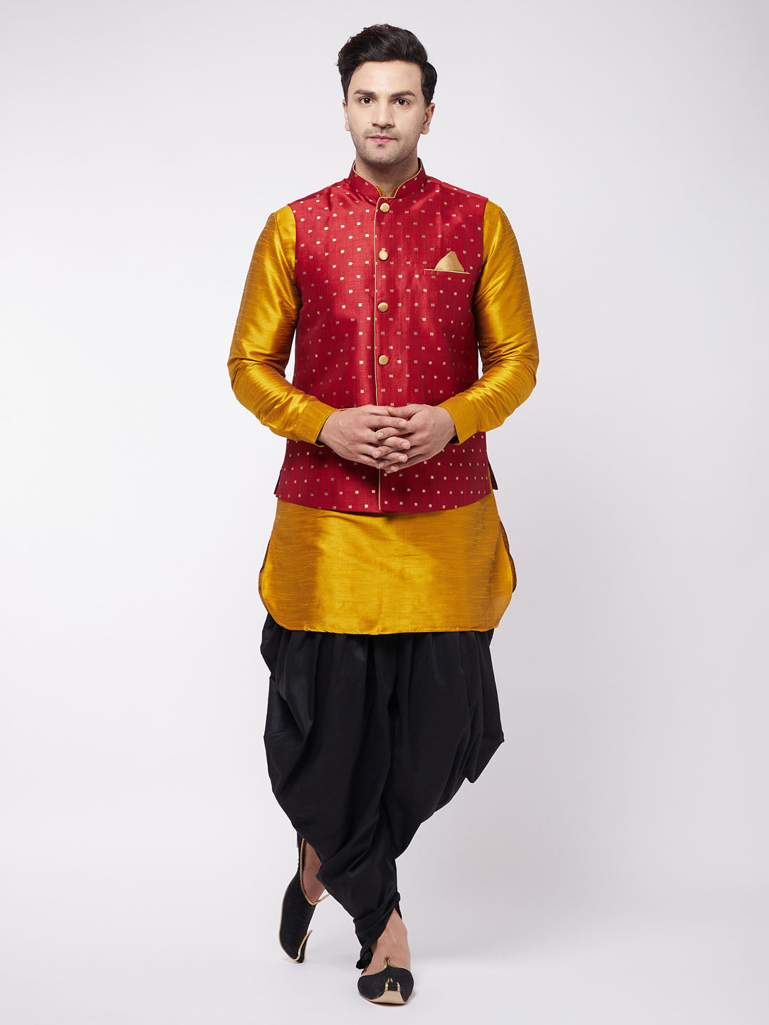 Men's Mustard, Maroon And Black Silk Blend Jacket, Kurta And Dhoti Set - Vastramay