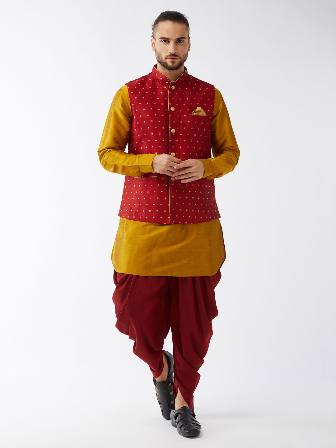 Men's Mustard And Maroon Silk Blend Jacket, Kurta And Dhoti Set - Vastramay