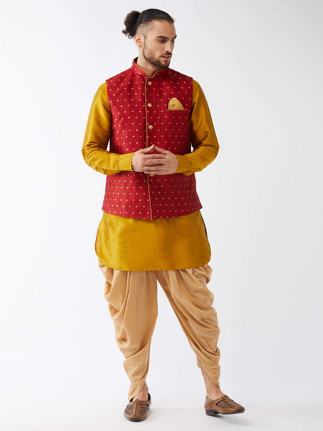 Men's Mustard, Maroon And Rose Gold Silk Blend Jacket, Kurta And Dhoti Set - Vastramay