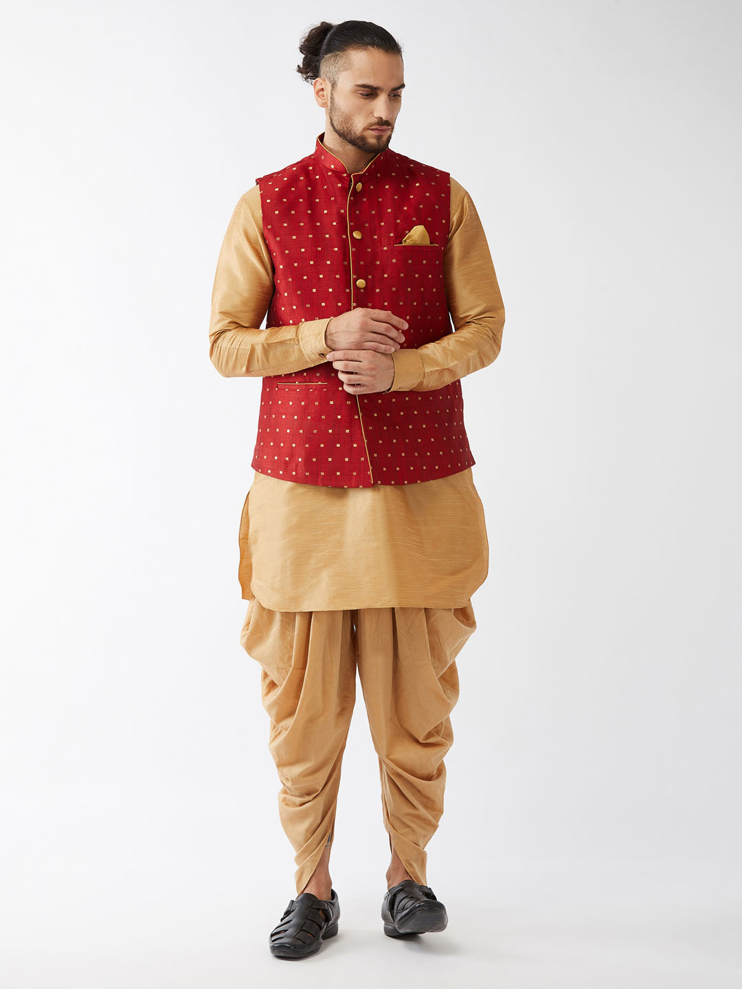 Men's Rose Gold And Maroon Silk Blend Jacket, Kurta And Dhoti Set - Vastramay