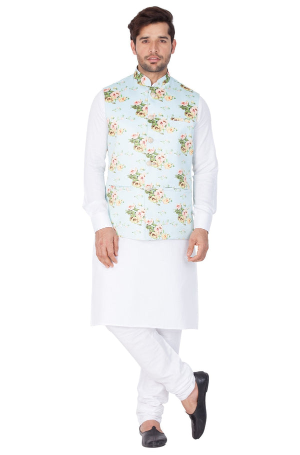 Jashvi Men's White Cotton Blend Kurta, Ethnic Jacket and Pyjama Set