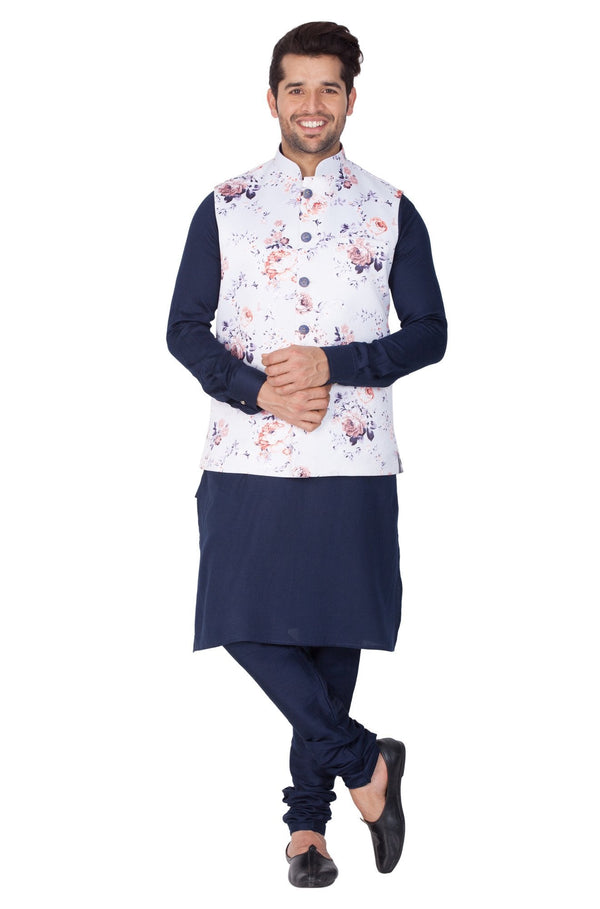 Men's Blue Cotton Blend Kurta, Ethnic Jacket and Pyjama Set - Vastramay