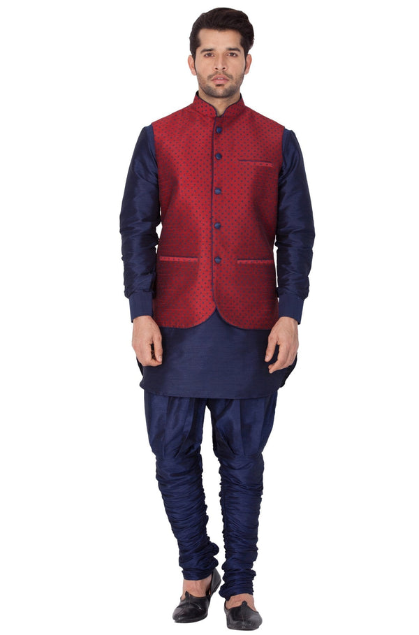 Jashvi Men's Blue Cotton Silk Blend Kurta, Nehru Jacket and Bredges Set