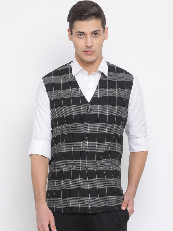 Men's Black Cotton Ethnic Jacket - Vastramay