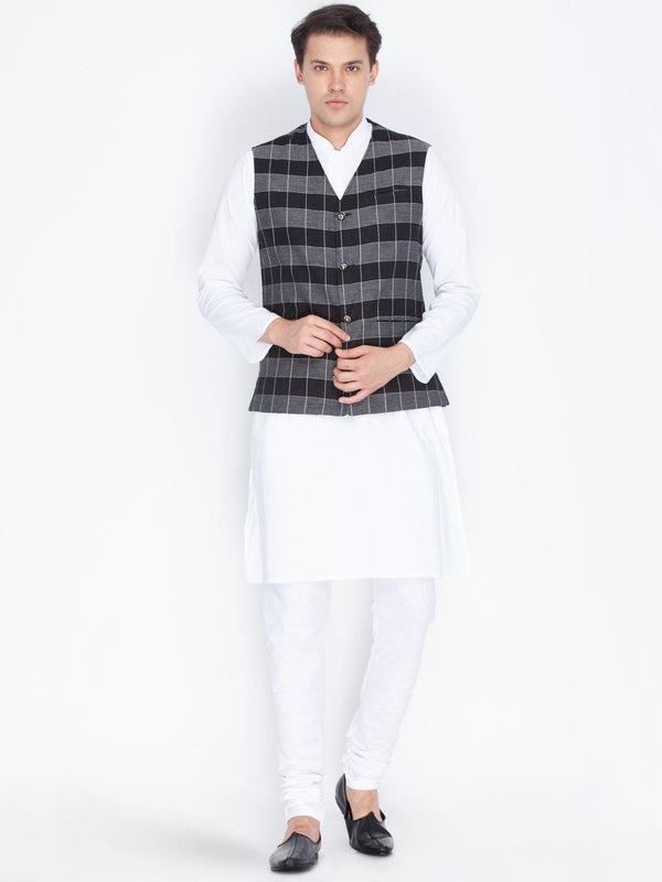 Men's Black Cotton Kurta, Ethnic Jacket and Pyjama Set - Vastramay