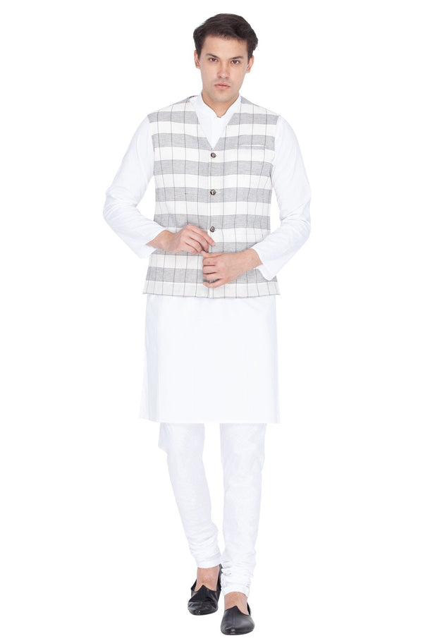 Men's White Cotton Kurta, Ethnic Jacket and Pyjama Set - Vastramay