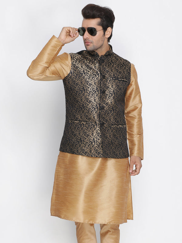 Jashvi Men's Black Cotton Silk Blend Nehru Jacket