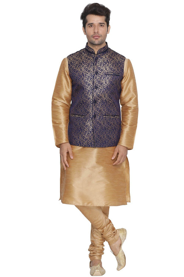 Jashvi Men's Blue Cotton Silk Blend Kurta, Ethnic Jacket and Pyjama Set