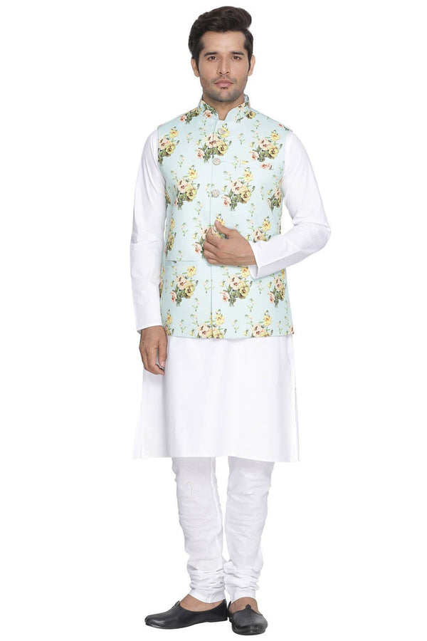 Jashvi Men's Multicolor Cotton Blend Kurta, Ethnic Jacket and Pyjama Set