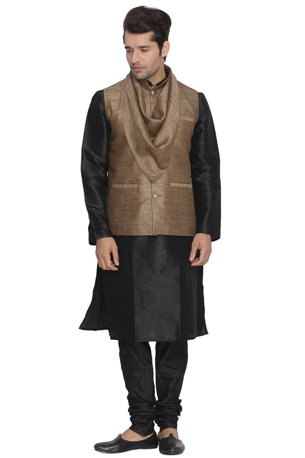 Jashvi Men's Brown Cotton Silk Blend Kurta, Ethnic Jacket and Pyjama Set