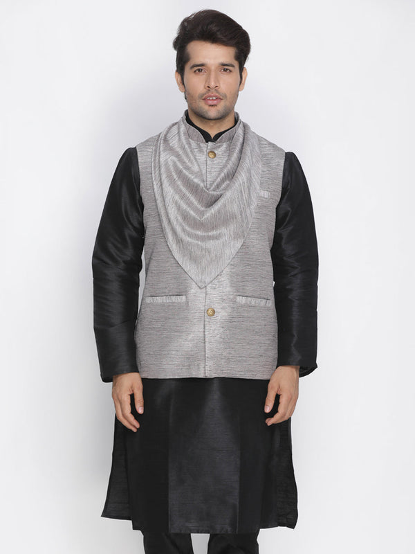 Jashvi Men's Grey Cotton Silk Blend Ethnic Jacket