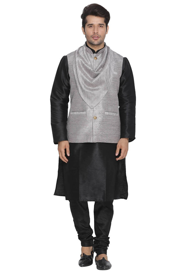 Jashvi Men's Grey Cotton Silk Blend Kurta, Ethnic Jacket and Pyjama Set