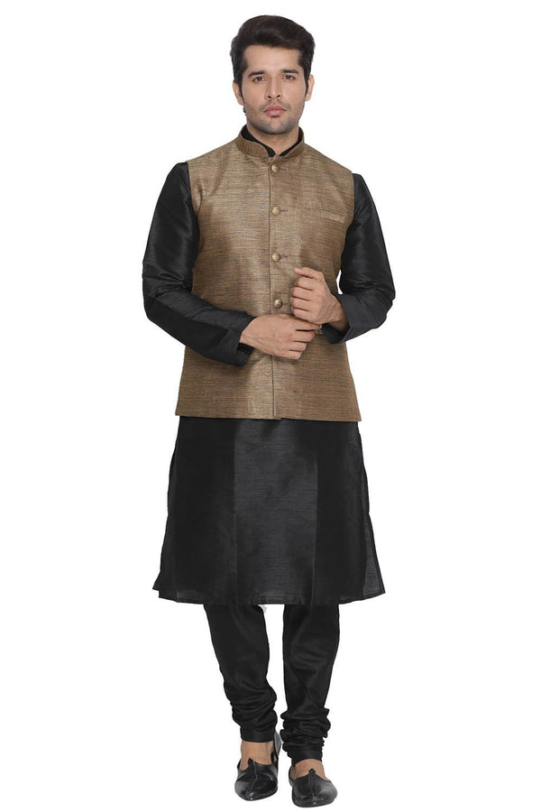 Jashvi Men's Brown Cotton Silk Blend Kurta, Ethnic Jacket and Pyjama Set