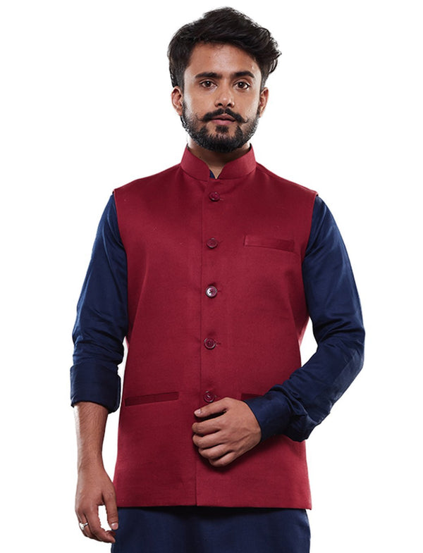 Men's Maroon Cotton Blend Nehru Jacket