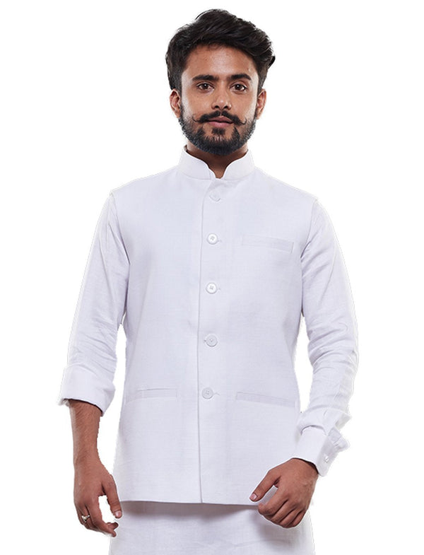 Men's White Cotton Blend Nehru Jacket