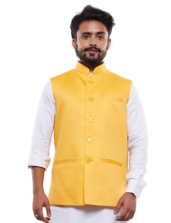 Men's Yellow Cotton Blend Nehru Jacket