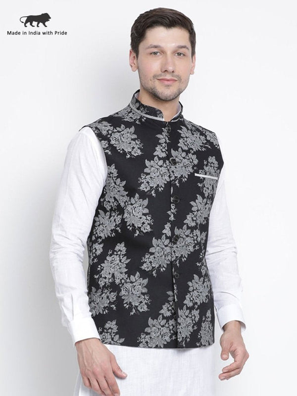 Men's Black Cotton Blend Ethnic Jacket - Vastramay