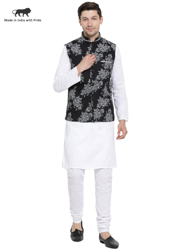 Jashvi Men's White Cotton Blend Kurta, Nehru Jacket and Pyjama Set