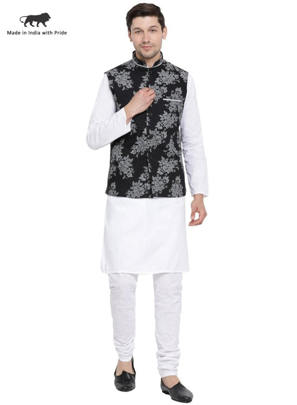 Men's White Cotton Blend Kurta, Ethnic Jacket and Pyjama Set - Vastramay