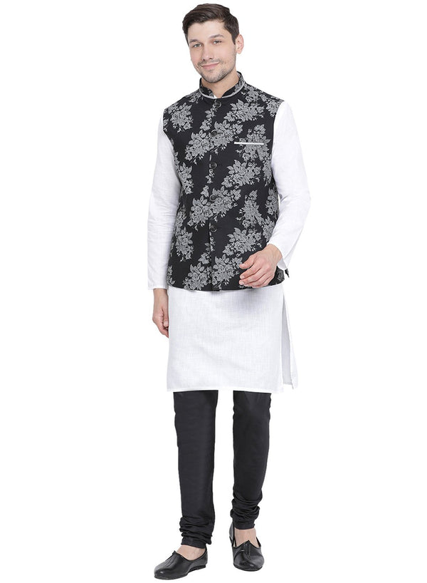 Jashvi Men's White Cotton Blend Kurta, Ethnic Jacket and Pyjama Set