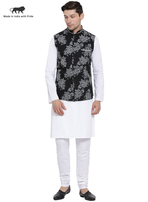 Jashvi Men's White Cotton Blend Kurta, Ethnic Jacket and Pyjama Set