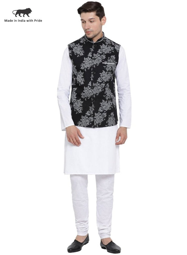 Men's White Cotton Blend Kurta, Ethnic Jacket and Pyjama Set - Vastramay