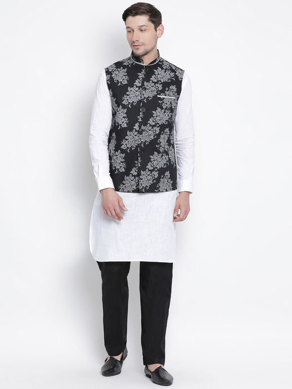 Men's White Cotton Blend Kurta, Ethnic Jacket and Pyjama Set - Vastramay