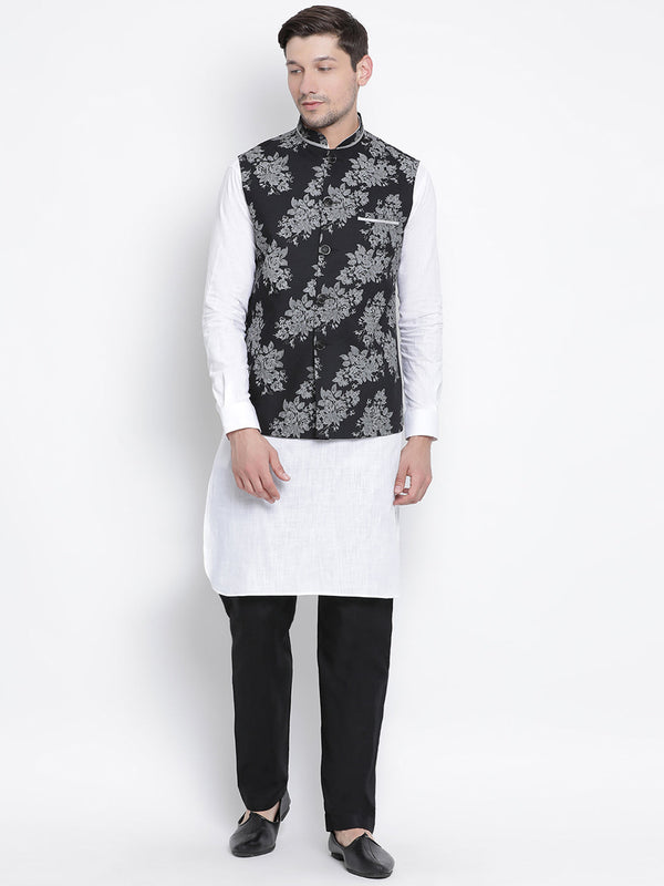 Jashvi Men's White Cotton Blend Kurta, Ethnic Jacket and Pyjama Set