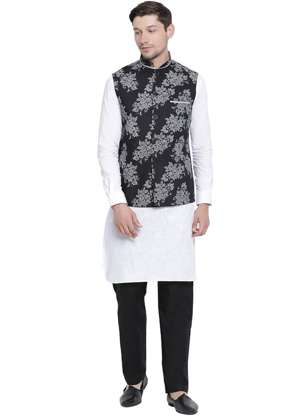 Jashvi Men's White Cotton Blend Kurta, Ethnic Jacket and Pyjama Set