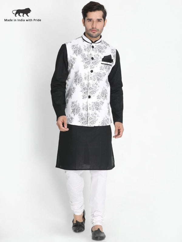 Jashvi Men's Black Cotton Blend Kurta, Nehru Jacket and Pyjama Set