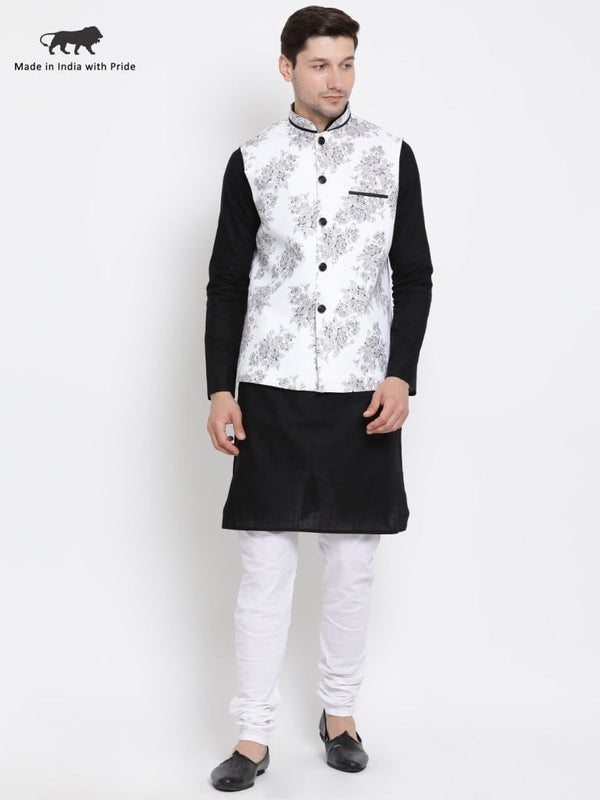 Jashvi Men's Black Cotton Blend Kurta, Ethnic Jacket and Pyjama Set