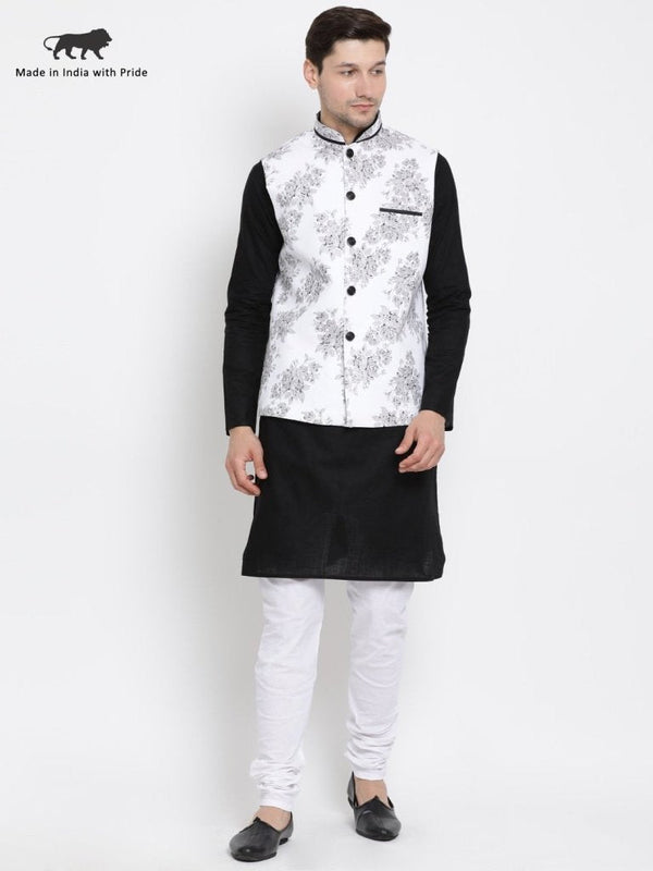 Men's Black Cotton Blend Kurta, Ethnic Jacket and Pyjama Set - Vastramay