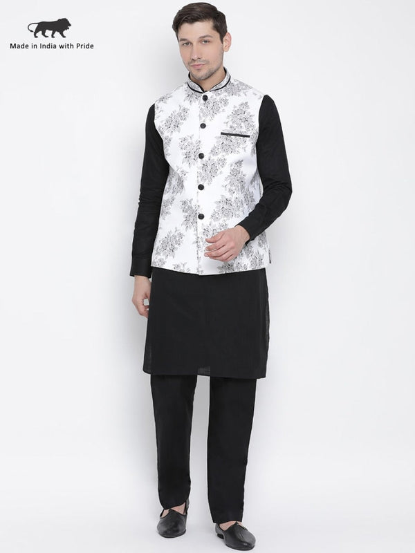 Jashvi Men's Black Cotton Blend Kurta, Ethnic Jacket and Pyjama Set