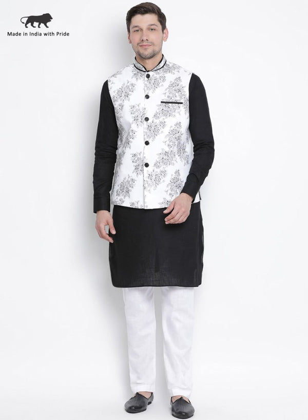 Jashvi Men's Black Cotton Blend Kurta, Ethnic Jacket and Pyjama Set