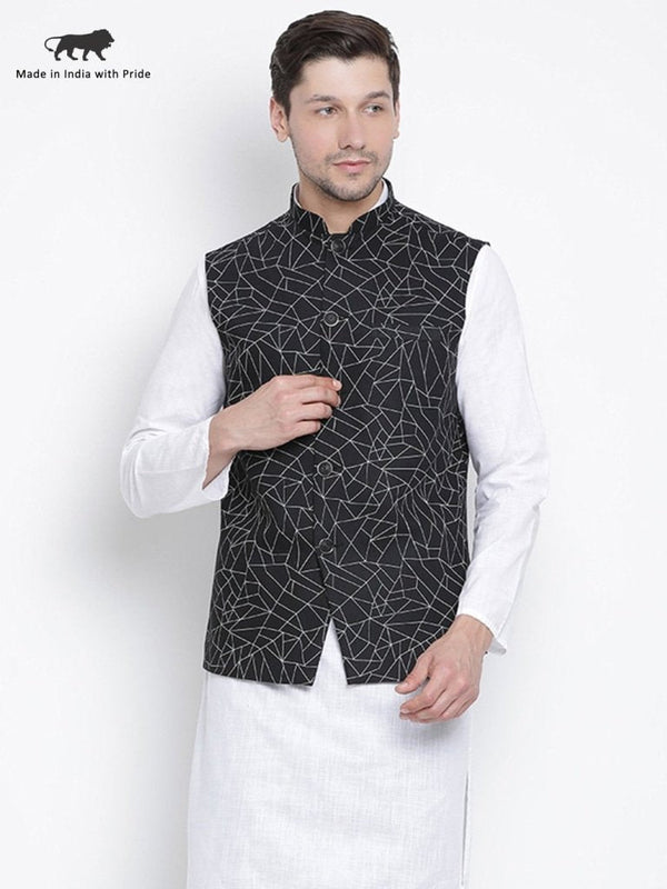 Men's Black Cotton Blend Ethnic Jacket - Vastramay