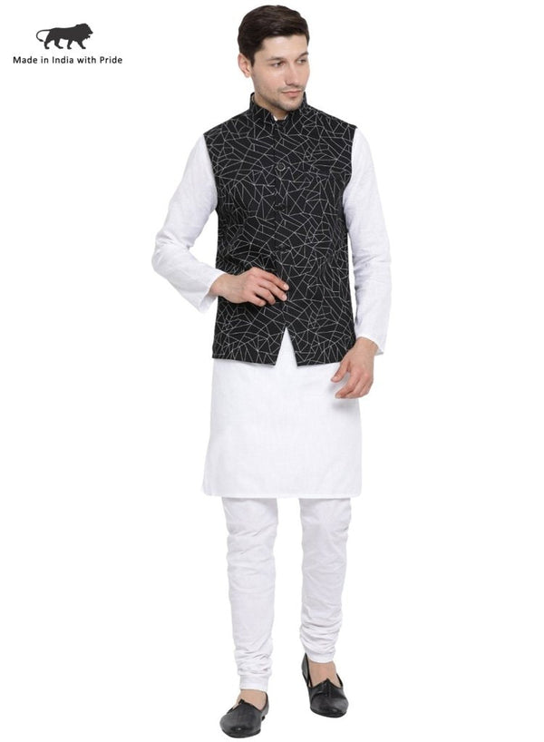 Men's White Cotton Blend Kurta, Ethnic Jacket and Pyjama Set - Vastramay