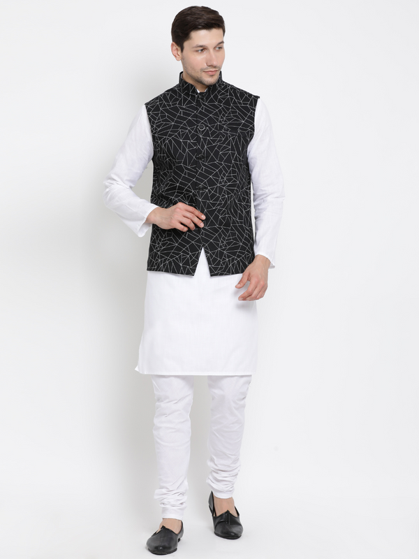 Jashvi Men's White Cotton Blend Kurta, Ethnic Jacket and Pyjama Set