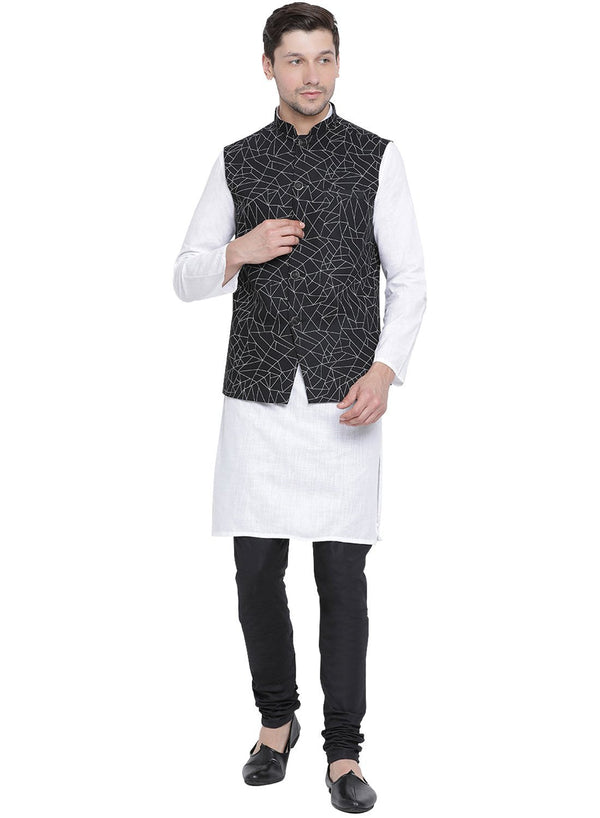 Jashvi Men's White Cotton Blend Kurta, Ethnic Jacket and Pyjama Set