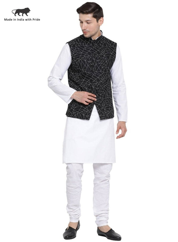 Men's White Cotton Blend Kurta, Ethnic Jacket and Pyjama Set - Vastramay