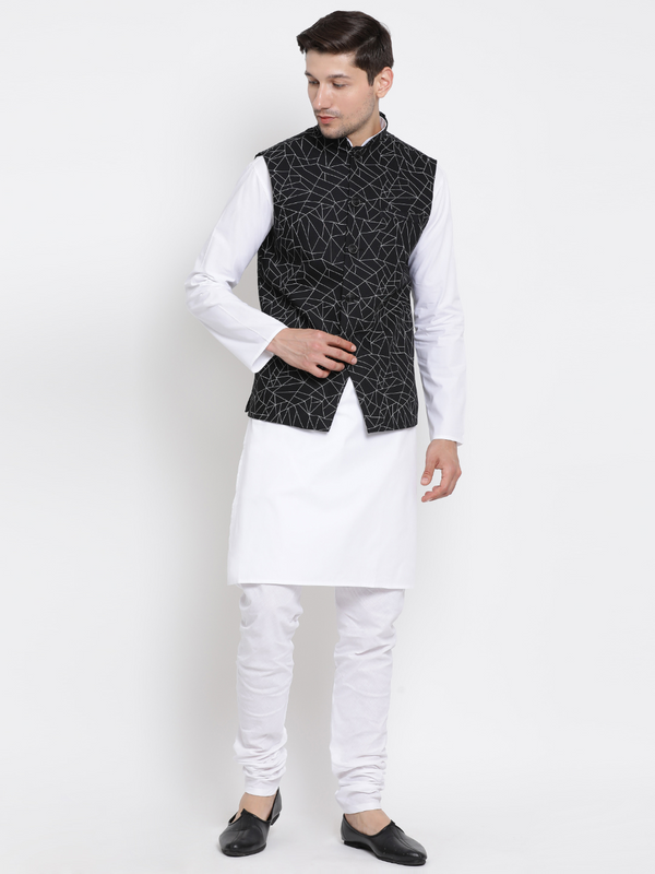 Jashvi Men's White Cotton Blend Kurta, Nehru Jacket and Pyjama Set