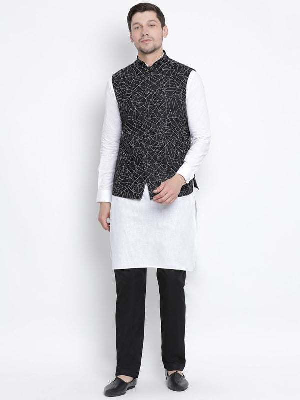 Jashvi Men's White Cotton Blend Kurta, Ethnic Jacket and Pyjama Set