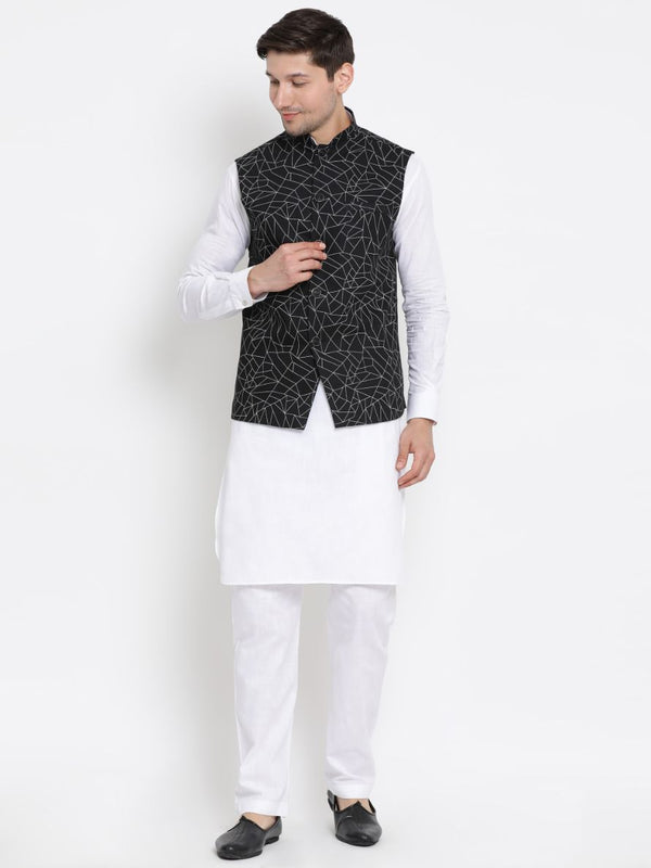 Jashvi Men's White Cotton Blend Kurta, Ethnic Jacket and Pyjama Set