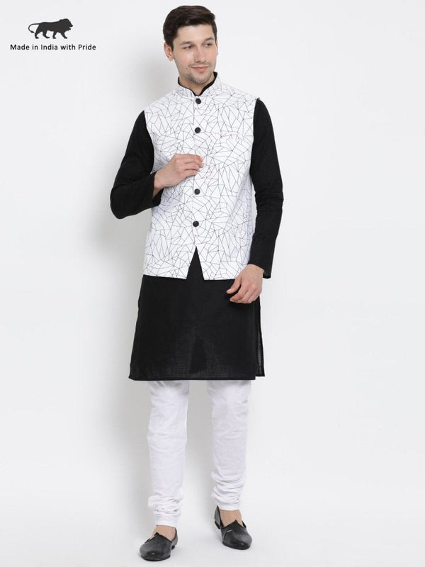 Men's Black Cotton Blend Kurta, Ethnic Jacket and Pyjama Set - Vastramay